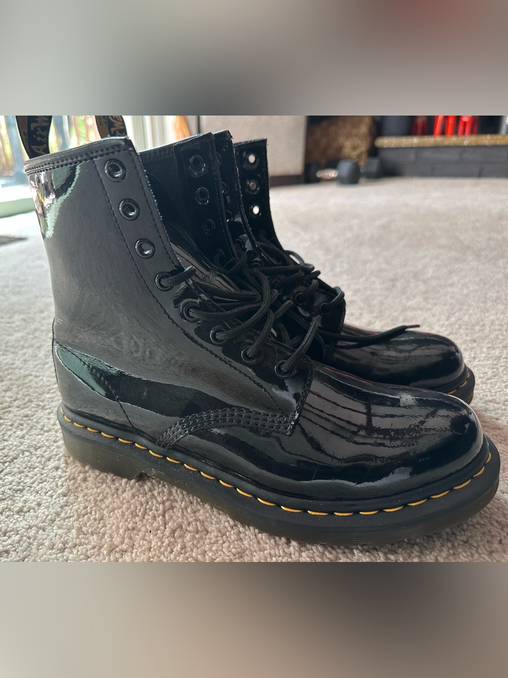 Dr. Martens Black Patent Leather Lace-Up Boots with Yellow Welt Stitching